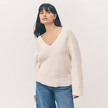 Load image into Gallery viewer, Ecru Ribbed V-Neck Knitted Jumper
