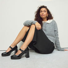 Load image into Gallery viewer, Black Patent Forever Comfort® Brogue Mary Jane Platform Block Heels
