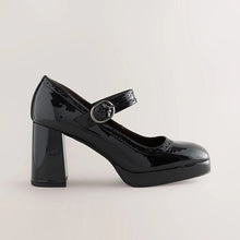Load image into Gallery viewer, Black Patent Forever Comfort® Brogue Mary Jane Platform Block Heels
