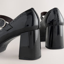 Load image into Gallery viewer, Black Patent Forever Comfort® Brogue Mary Jane Platform Block Heels
