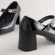 Load image into Gallery viewer, Black Patent Forever Comfort® Brogue Mary Jane Platform Block Heels
