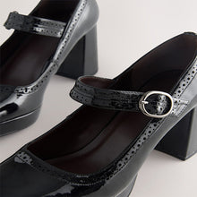 Load image into Gallery viewer, Black Patent Forever Comfort® Brogue Mary Jane Platform Block Heels
