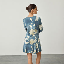Load image into Gallery viewer, Blue/Ecru Floral Long Sleeve A-Line Mini Dress
