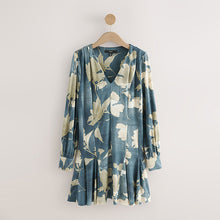 Load image into Gallery viewer, Blue/Ecru Floral Long Sleeve A-Line Mini Dress
