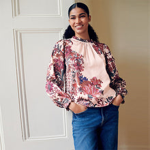 Load image into Gallery viewer, Ecru/Pink Floral Ruffle High Neck Satin Long Sleeve Blouse
