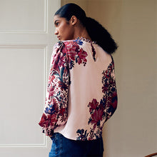 Load image into Gallery viewer, Ecru/Pink Floral Ruffle High Neck Satin Long Sleeve Blouse

