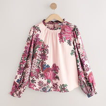 Load image into Gallery viewer, Ecru/Pink Floral Ruffle High Neck Satin Long Sleeve Blouse
