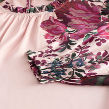Load image into Gallery viewer, Ecru/Pink Floral Ruffle High Neck Satin Long Sleeve Blouse
