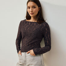 Load image into Gallery viewer, Chocolate Brown Long Sleeve Slash Neck Lace Top
