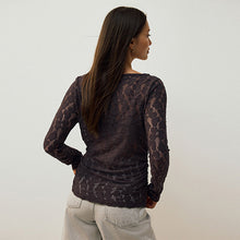 Load image into Gallery viewer, Chocolate Brown Long Sleeve Slash Neck Lace Top
