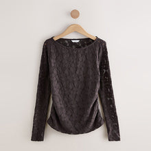 Load image into Gallery viewer, Chocolate Brown Long Sleeve Slash Neck Lace Top

