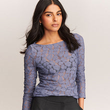 Load image into Gallery viewer, Blue Long Sleeve Slash Neck Lace Top
