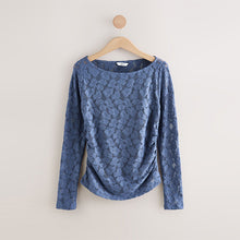 Load image into Gallery viewer, Blue Long Sleeve Slash Neck Lace Top
