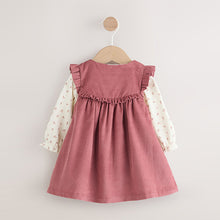 Load image into Gallery viewer, Pink Embroidered Baby Cord Pinafore Long Sleeve Bodysuit &amp; Tights Set (0-18mths)
