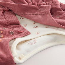 Load image into Gallery viewer, Pink Embroidered Baby Cord Pinafore Long Sleeve Bodysuit &amp; Tights Set (0-18mths)
