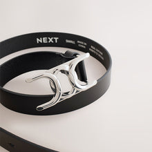 Load image into Gallery viewer, Black/Silver Tone Regular Statement Buckle Leather Belt
