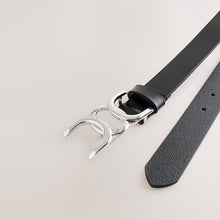 Load image into Gallery viewer, Black/Silver Tone Regular Statement Buckle Leather Belt
