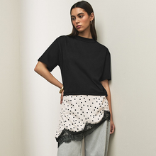 Load image into Gallery viewer, Black Polka Dot Satin Lace Trim Short Sleeve T-Shirt
