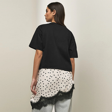 Load image into Gallery viewer, Black Polka Dot Satin Lace Trim Short Sleeve T-Shirt
