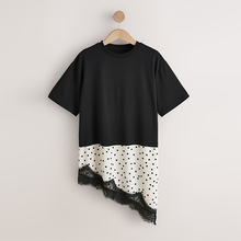 Load image into Gallery viewer, Black Polka Dot Satin Lace Trim Short Sleeve T-Shirt
