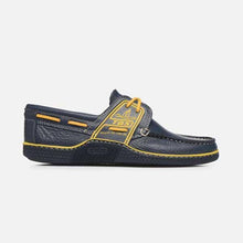 Load image into Gallery viewer, Men&#39;s Boat Shoes Navy and Yellow Leather
