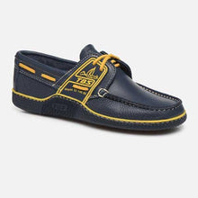 Load image into Gallery viewer, Men&#39;s Boat Shoes Navy and Yellow Leather
