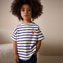 Load image into Gallery viewer, Ecru/Navy Stripe Cherry Short Sleeve Embroidered T-Shirt (3mths-6yrs)
