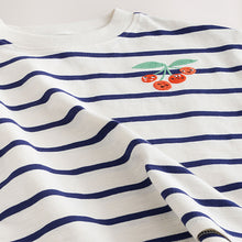 Load image into Gallery viewer, Ecru/Navy Stripe Cherry Short Sleeve Embroidered T-Shirt (3mths-6yrs)
