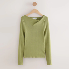 Load image into Gallery viewer, Khaki Green Ribbed Asymmetric Neckline Knitted Top
