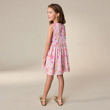 Load image into Gallery viewer, Pink Floral Stripe Short Sleeve Button Through Dress (3-11yrs)
