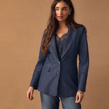 Load image into Gallery viewer, Navy Blue Denim Look Fitted Single Breasted Blazer
