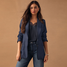 Load image into Gallery viewer, Navy Blue Denim Look Fitted Single Breasted Blazer
