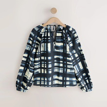 Load image into Gallery viewer, Navy Blue/Ecru Check Keyhole Detail Relaxed Long Sleeve Blouse
