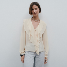 Load image into Gallery viewer, Ecru V-Neck Ruffle Front Long Sleeve Blouse
