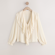 Load image into Gallery viewer, Ecru V-Neck Ruffle Front Long Sleeve Blouse
