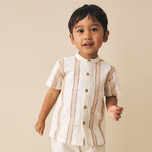 Load image into Gallery viewer, Ecru/Brown Short Sleeve Grandad Collar Textured Stripe Shirt (3mths-6yrs)
