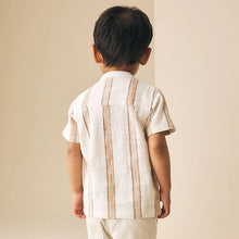 Load image into Gallery viewer, Ecru/Brown Short Sleeve Grandad Collar Textured Stripe Shirt (3mths-6yrs)

