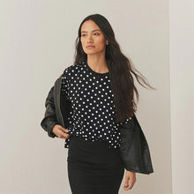 Load image into Gallery viewer, Black/White Polka Dot Relaxed Boxy Elbow Length Crew Neck T-Shirt
