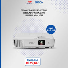 Load image into Gallery viewer, EPSON EB-W06 PROJECTOR, HD READY, WXGA, 3700 LUMENS, VGA, HDMI
