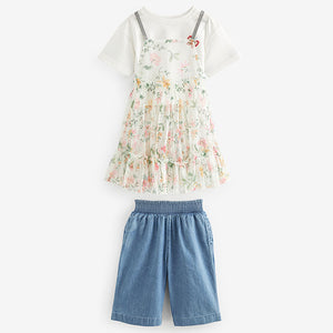 Pink Floral 100% Cotton Mesh Dress T-Shirt And Jeans Set (3mths-6yrs)