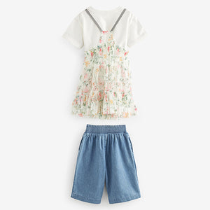 Pink Floral 100% Cotton Mesh Dress T-Shirt And Jeans Set (3mths-6yrs)