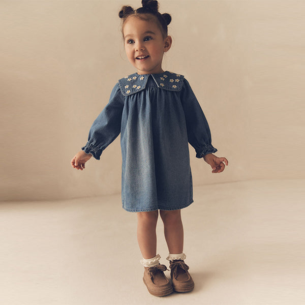 Blue Daisy 100% Cotton Denim Embroidery Collar Dress (3mths-5yrs)