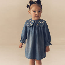 Load image into Gallery viewer, Blue Daisy 100% Cotton Denim Embroidery Collar Dress (3mths-5yrs)
