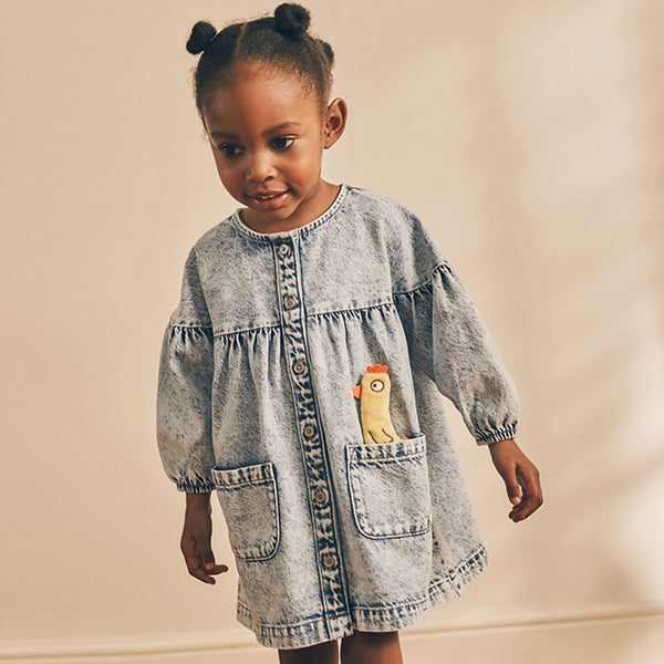 Blue Denim Character 100% Cotton Button Through Dress (3mths-6yrs)