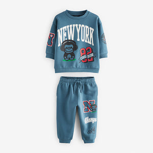 Blue New York Varsity All Over Print Crew Neck Sweatshirt and Joggers Set (3mths-6yrs)