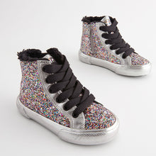 Load image into Gallery viewer, Silver Glitter Butterfly High Top Trainers
