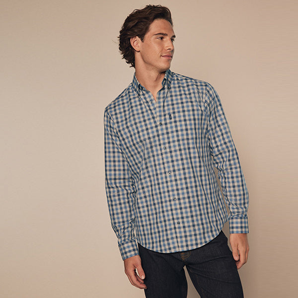 Blue/Charcoal Grey Marl Gingham Regular Fit Easy Iron Long Sleeve Single Cuff Oxford Shirt