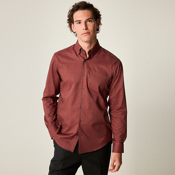 Burgundy Red Geometric Regular Fit Easy Iron Button Down Oxford Shirt