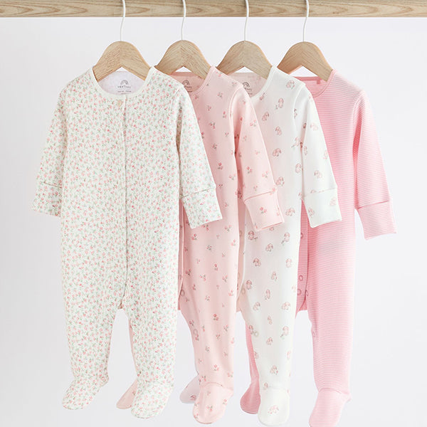 Pink 4 Pack Baby 100% Cotton Sleepsuits (0-18mths)