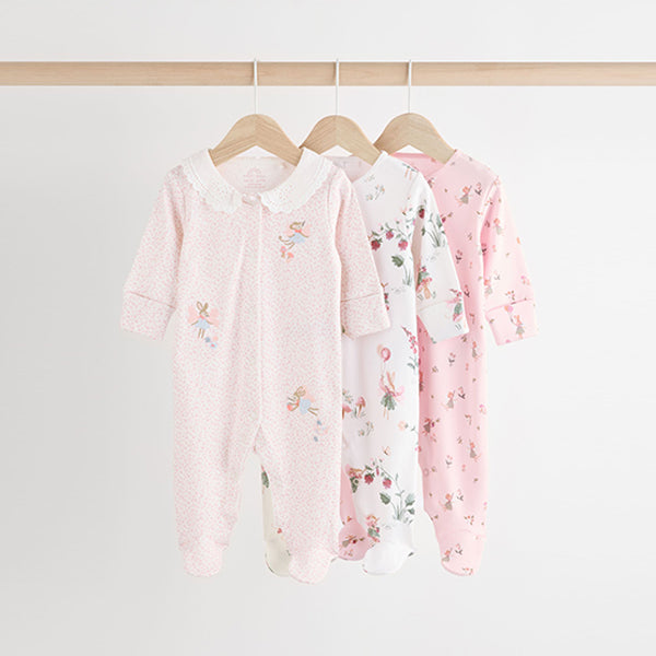 Pink/White Baby 100% Cotton Sleepsuits 3 Pack (0-12mths)